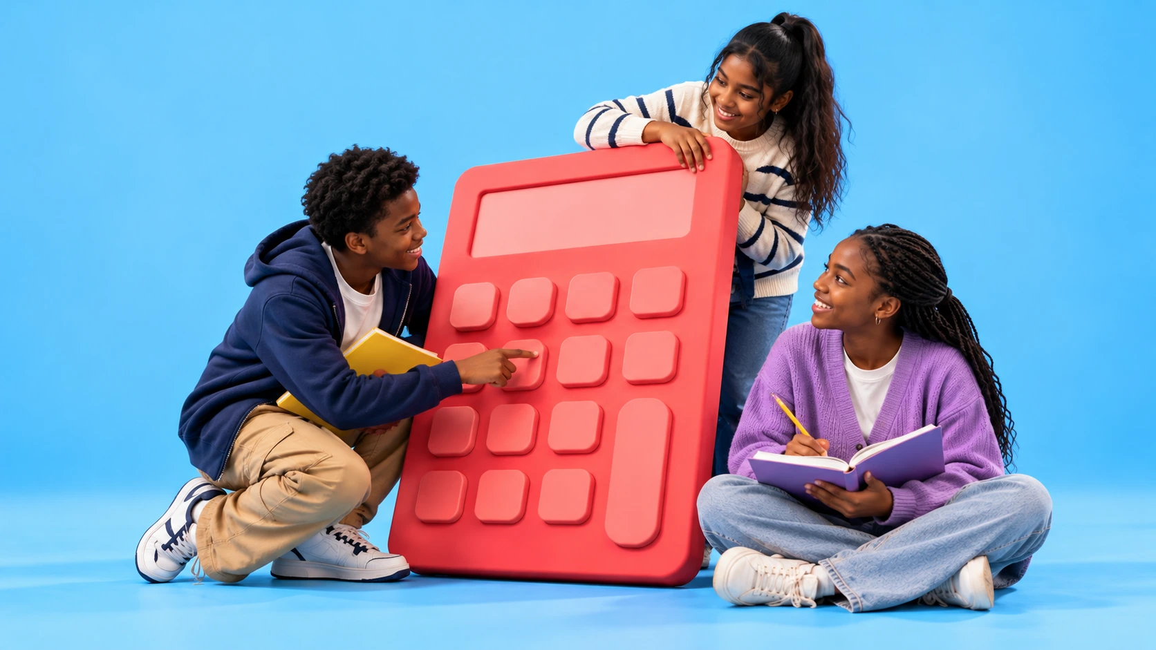 Three learners exploring an oversized coral calculator on a sky-blue background.