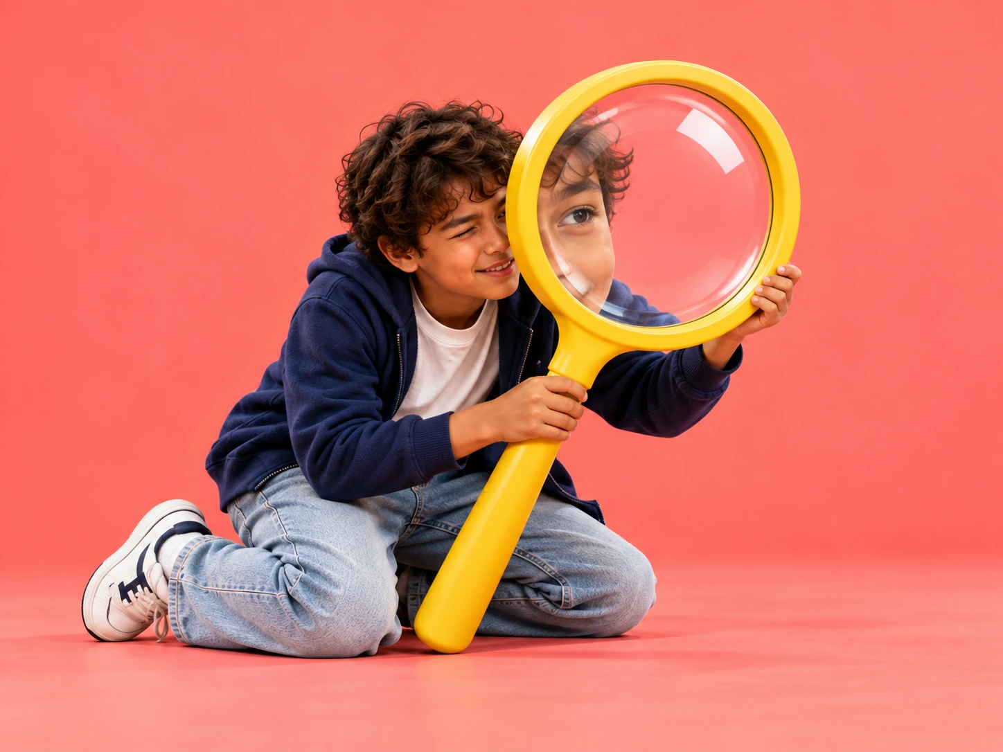 Learner looking through an oversized yellow magnifying glass.