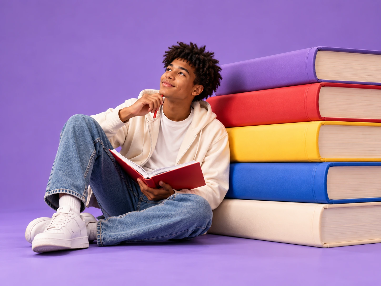Senior learner with a notebook beside a stack of oversized books.