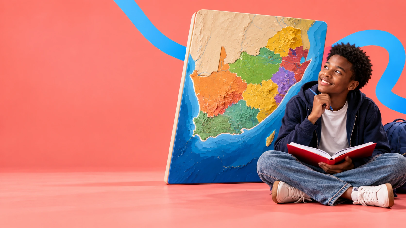 Learner with an open notebook beside an oversized South Africa map.