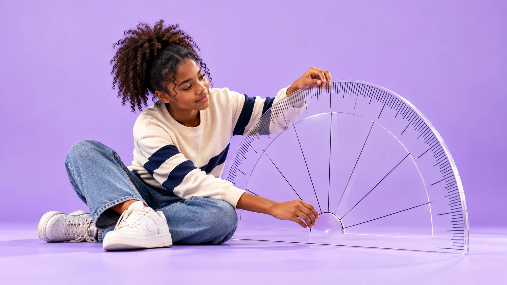 Learner examining an oversized transparent protractor on a lilac background.