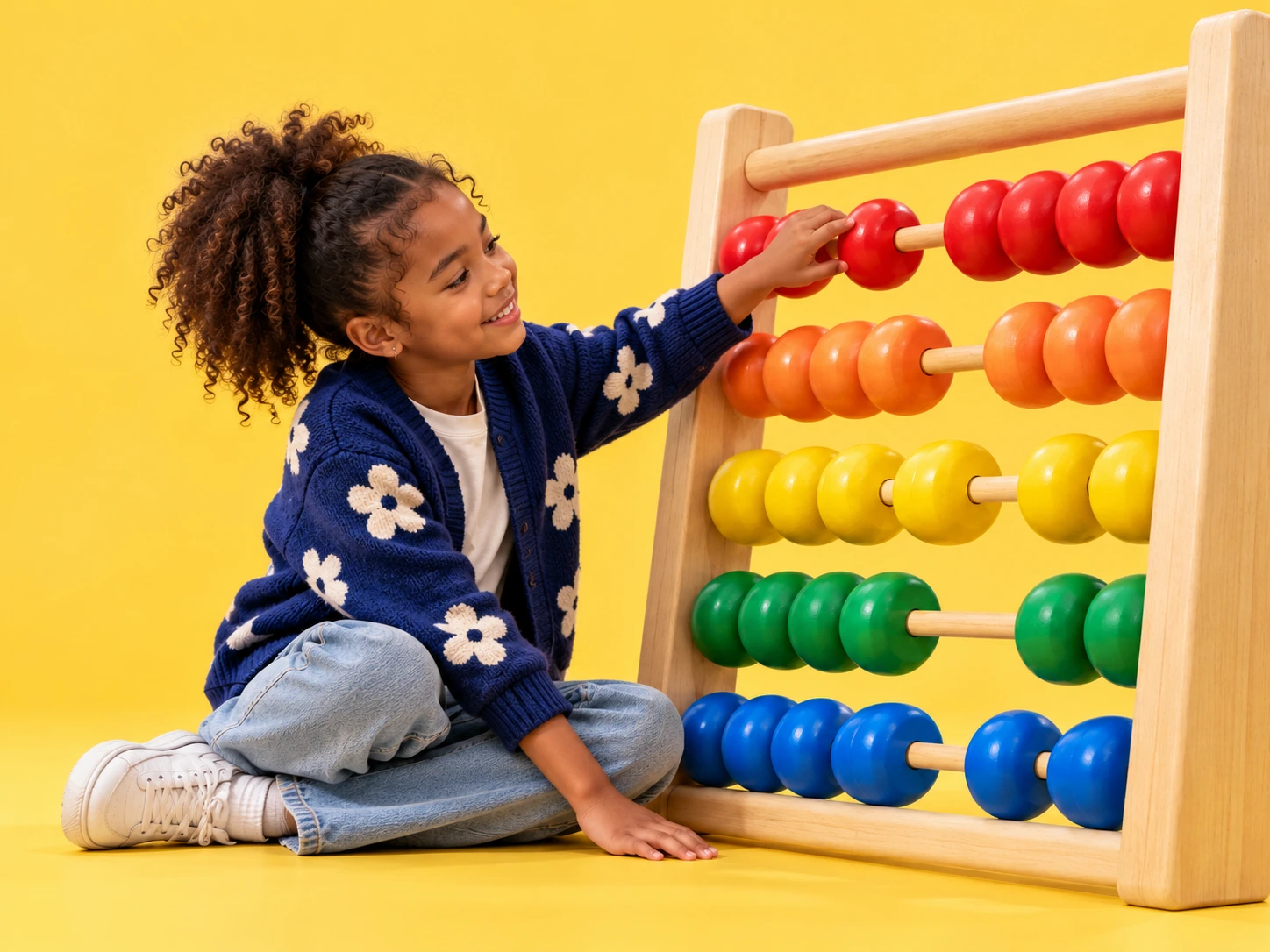 Young learner moving beads on an oversized colourful abacus.