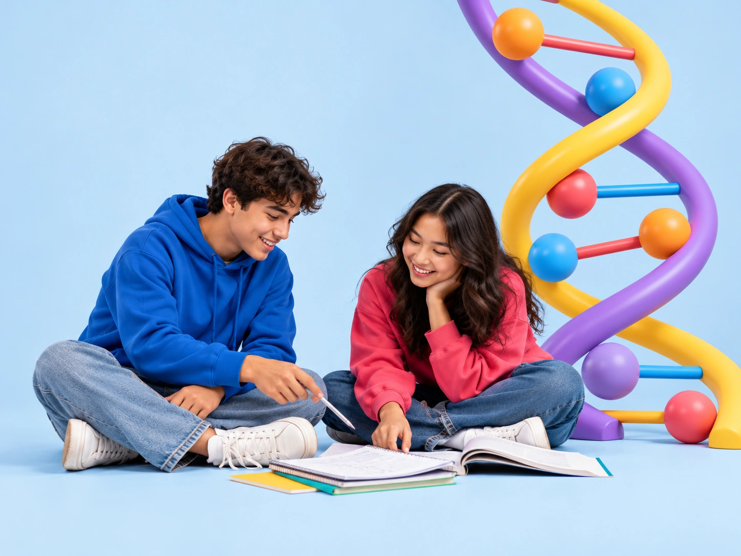 Two teenagers studying together beside an oversized colourful DNA model