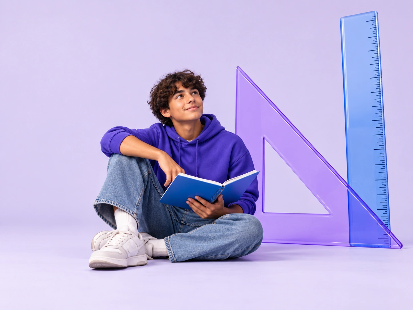 Teenager with an open notebook beside an oversized transparent set square and ruler