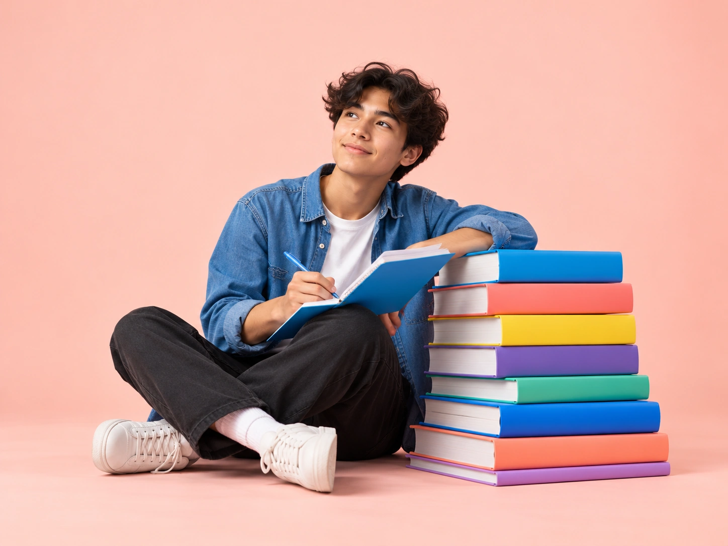 Teenager writing in a notebook beside a stack of oversized colourful books