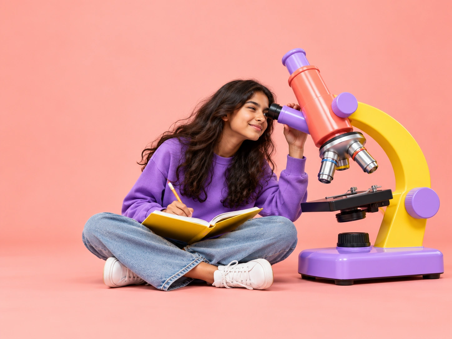 Teenager looking through an oversized colourful microscope with a notebook on her lap