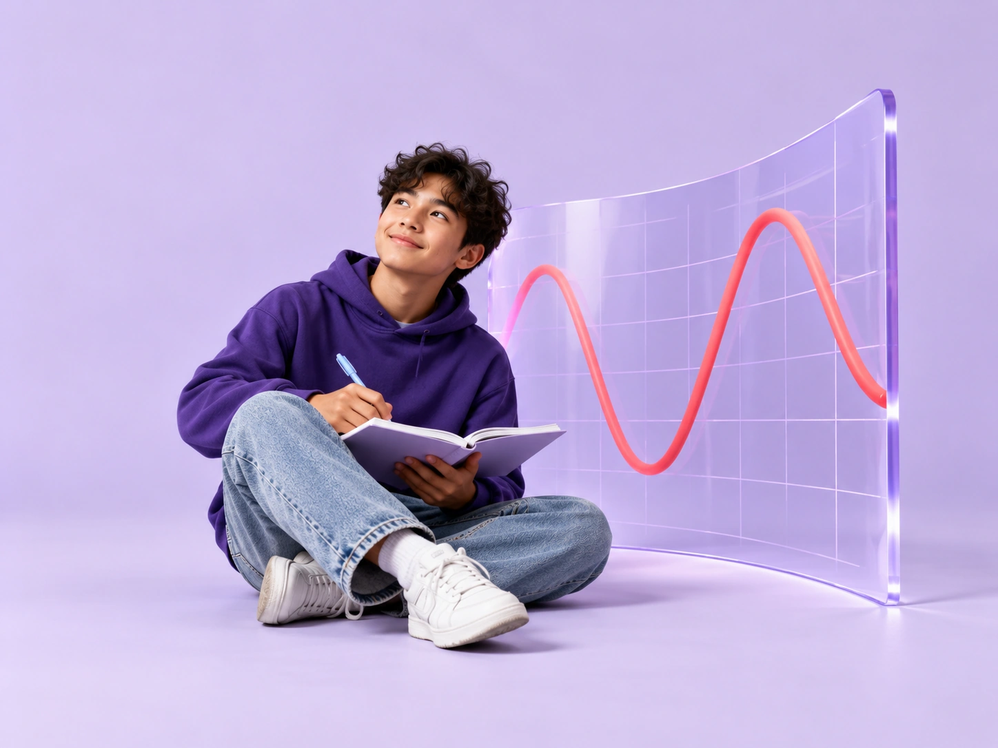 Teenager taking notes beside a transparent panel displaying a coral wave model