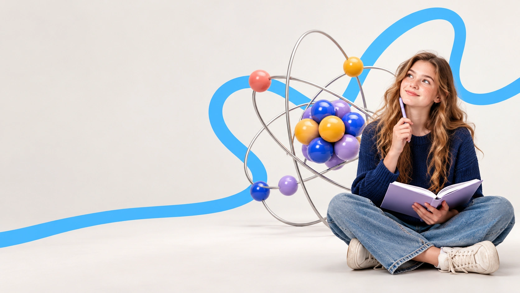 Teenager with a notebook beside an oversized colourful atom model and a blue loop