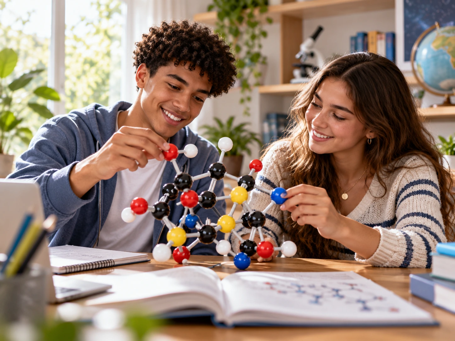 Two learners assembling a molecular model during a science activity.