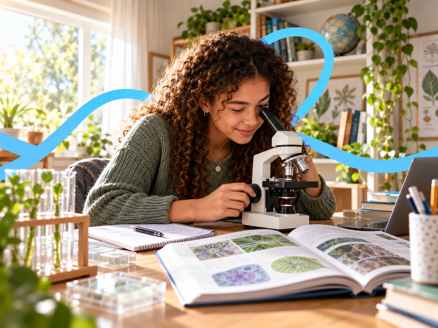 Learner looking through a microscope beside an open science textbook.
