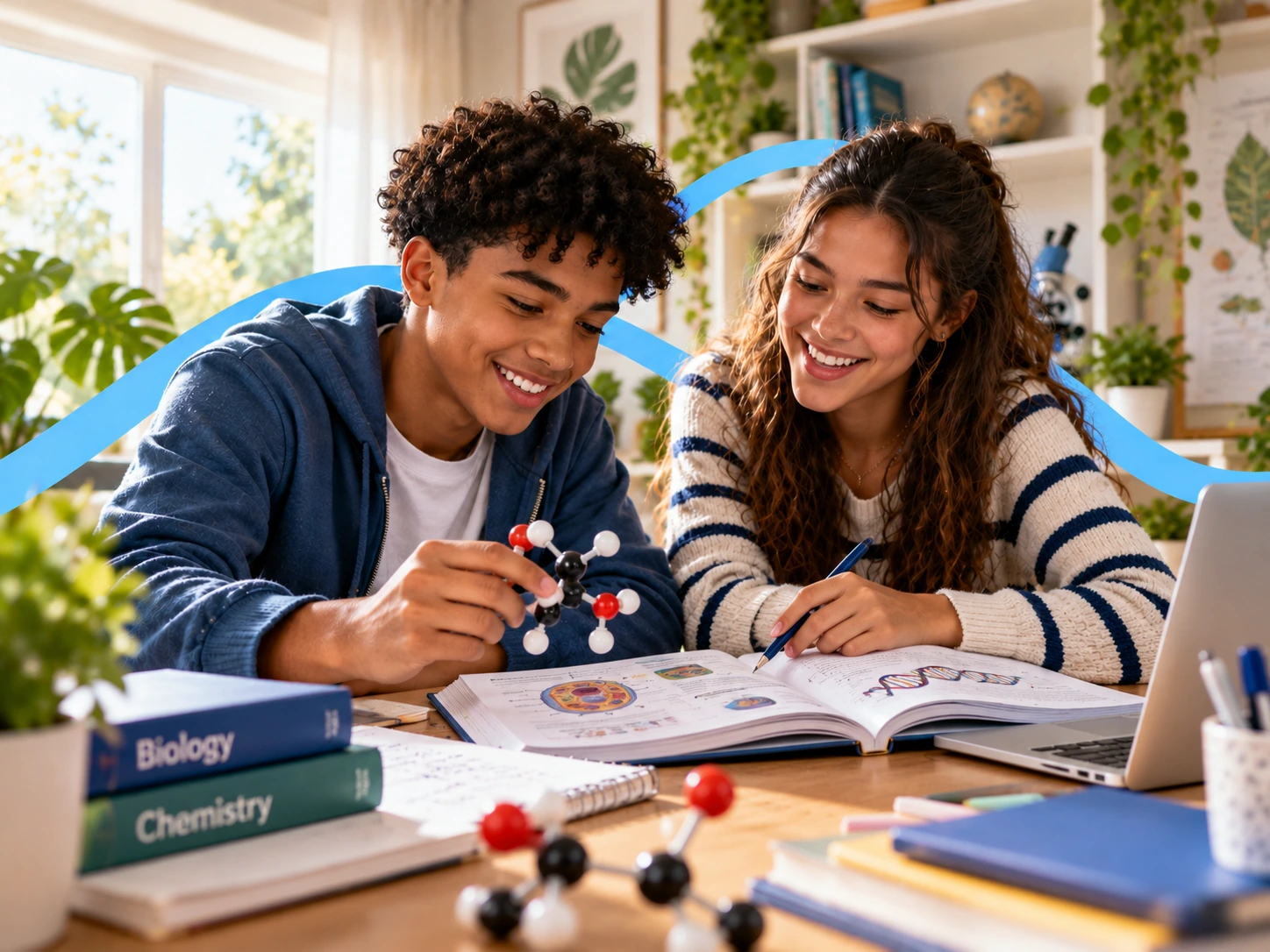 Two learners exploring a science textbook and molecular model together.