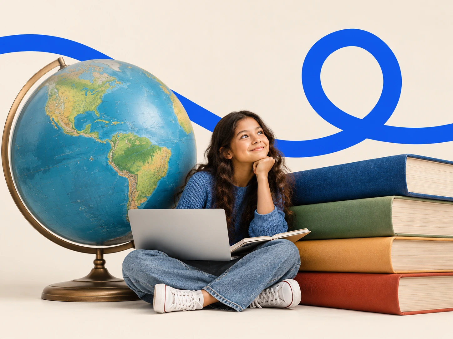 Student studying beside an oversized globe with the CambriLearn blue loop