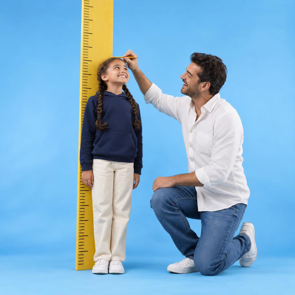 A young student stands against a giant ruler while a parent marks her height