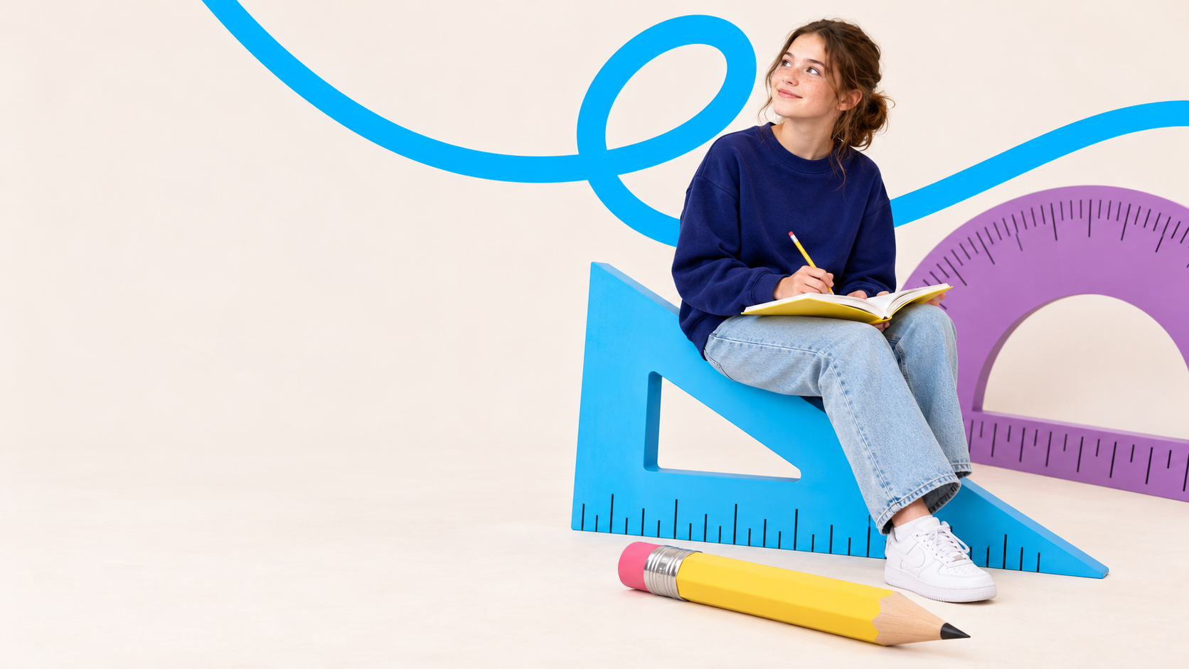 A student with a notebook sits on an oversized blue set square beside a lilac protractor, framed by the sky-blue CambriLearn loop.