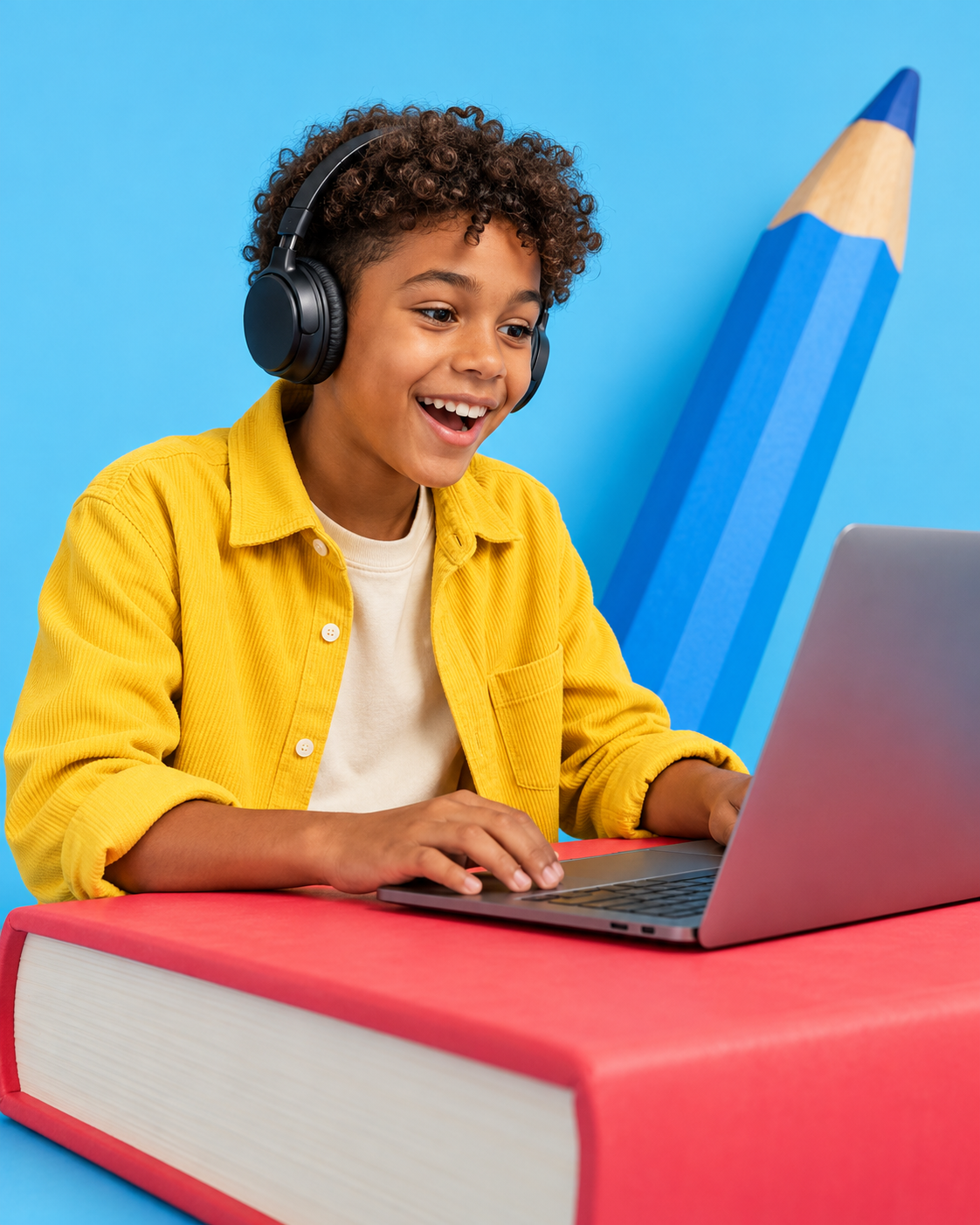A student in a yellow shirt enjoys a live lesson at a laptop on an oversized coral book.