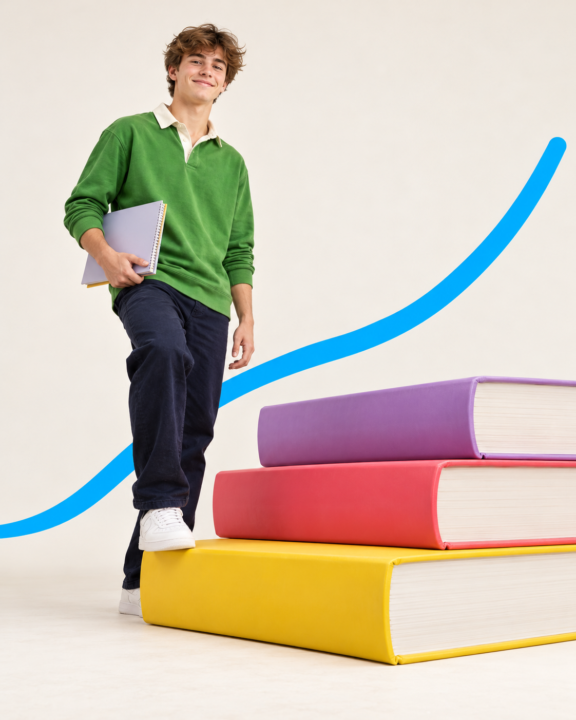 A teenager with a notebook steps onto oversized colourful books beside a flat blue line.