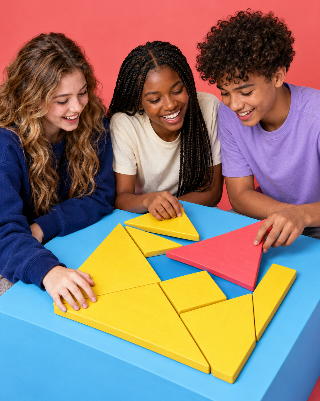 Three friends laugh together while solving an oversized colourful tangram.