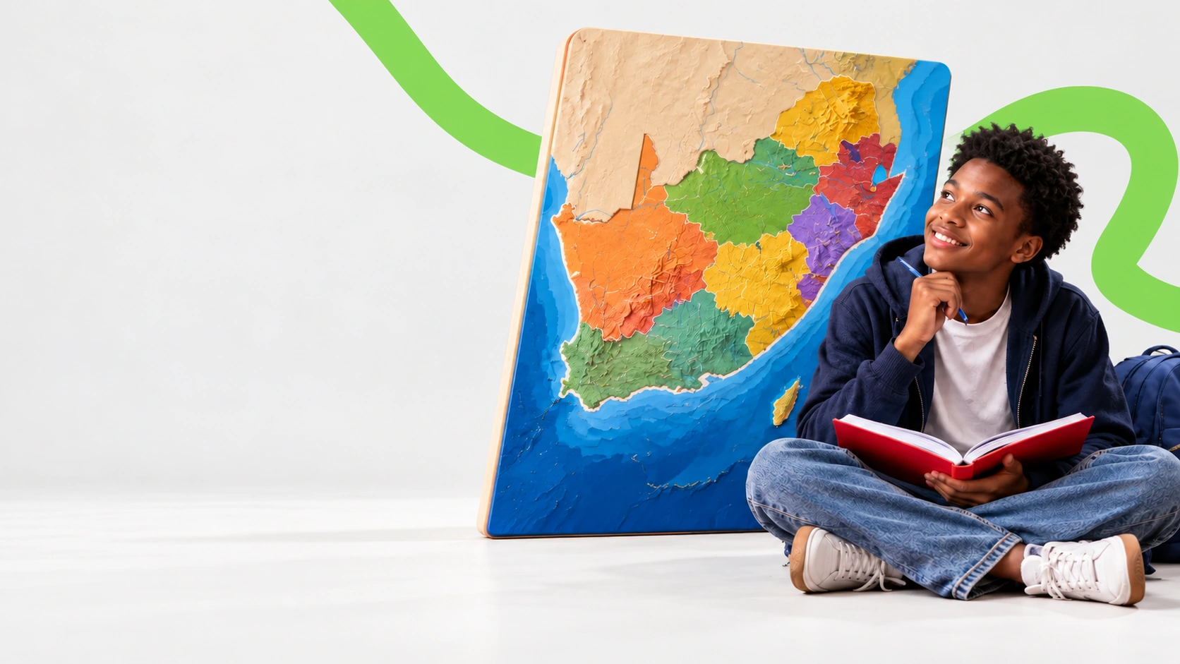 Learner with an open notebook beside an oversized South Africa map.