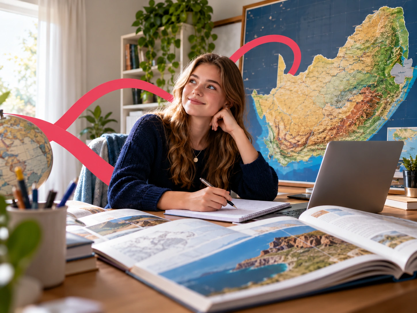 Teenager studying with a notebook and laptop, with a coral red loop behind her.