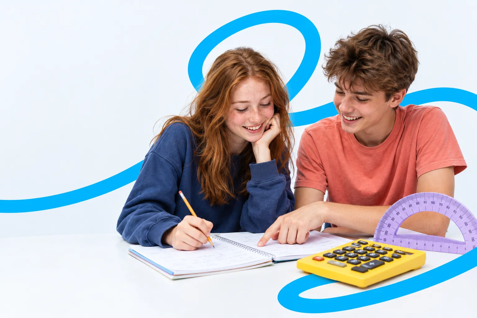 Two teenagers working together on International GCSE revision beside a yellow calculator and lilac protractor, with the blue CambriLearn loop