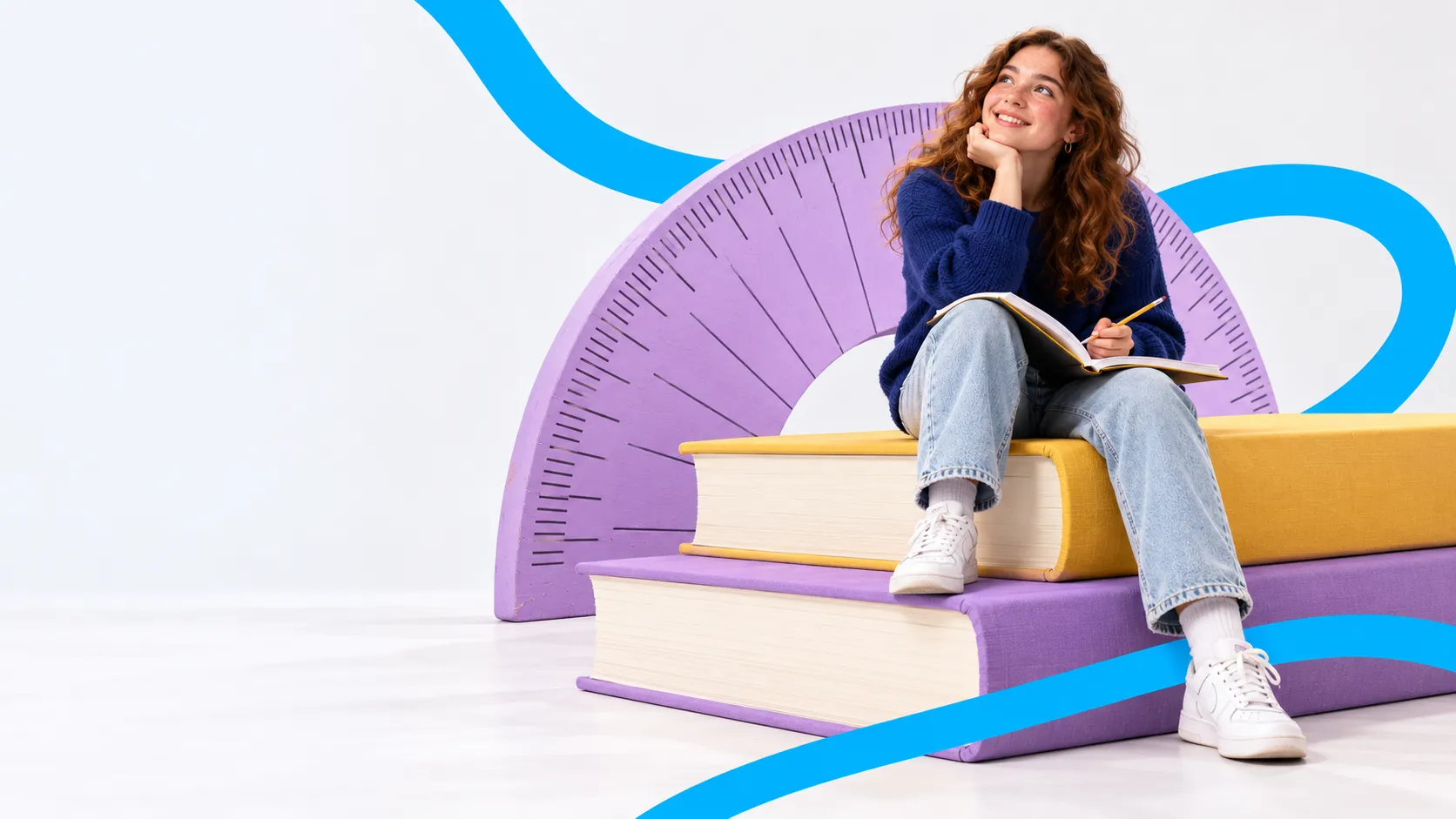 Sixth-form student with an open notebook seated on oversized books beside a lilac protractor and a sweeping blue loop