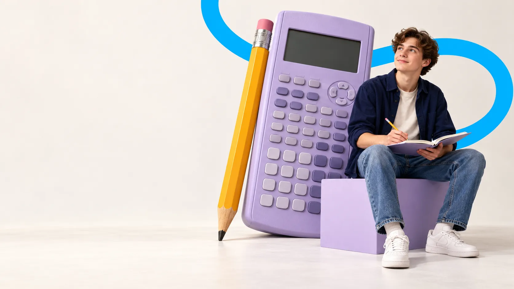 Student with a notebook beside an oversized lilac calculator and yellow pencil, framed by the blue CambriLearn loop