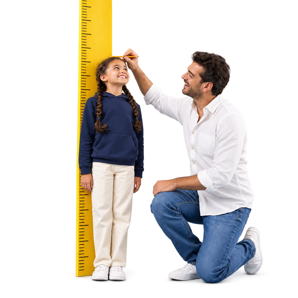A young student stands against a giant ruler while a parent marks her height