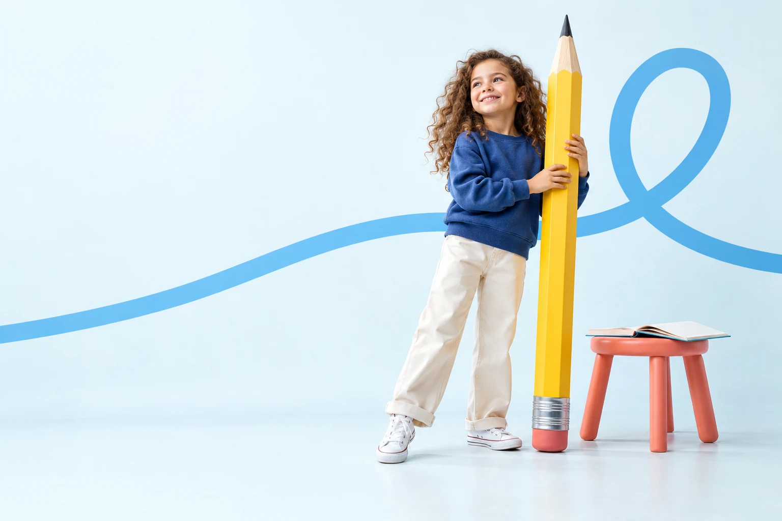Young learner with an oversized yellow pencil and a notebook, with a blue loop across the studio backdrop