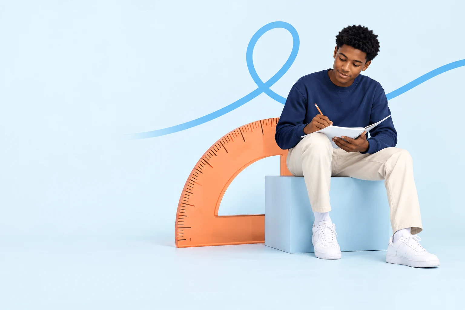 Teenage learner writing in a notebook beside an oversized coral protractor, with a blue loop across the studio backdrop