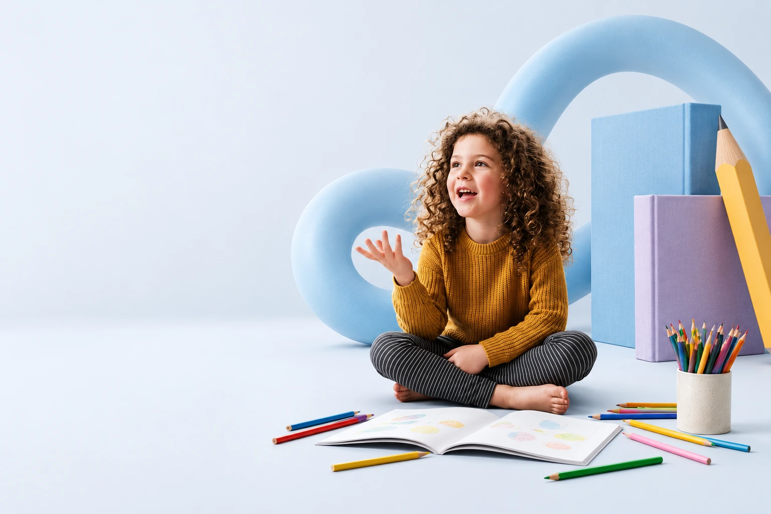 Child learning at home with books, colouring pencils and homeschooling resources