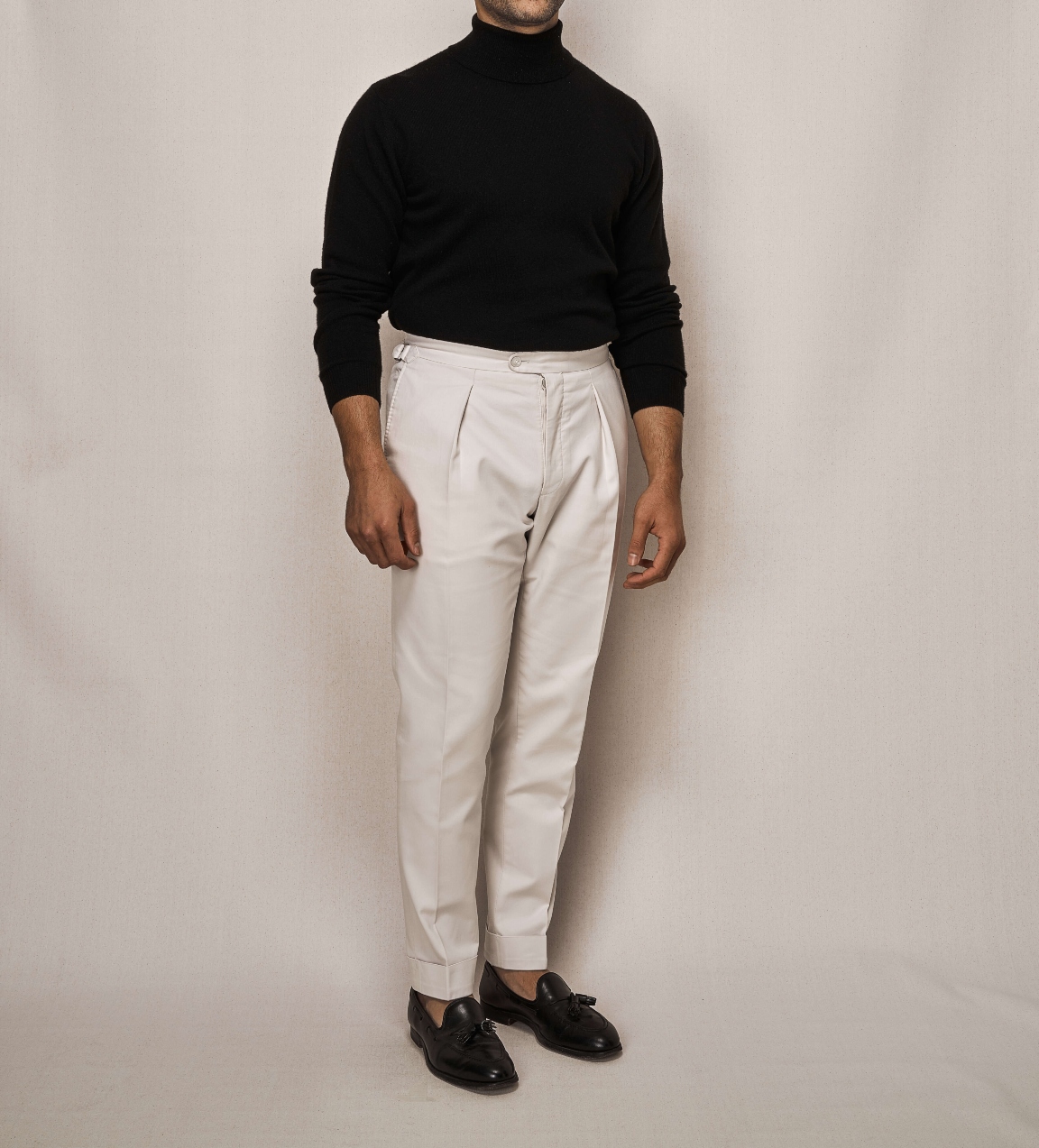 Black Cashmere Knit Turtle Neck | Cotton Stretch Trouser