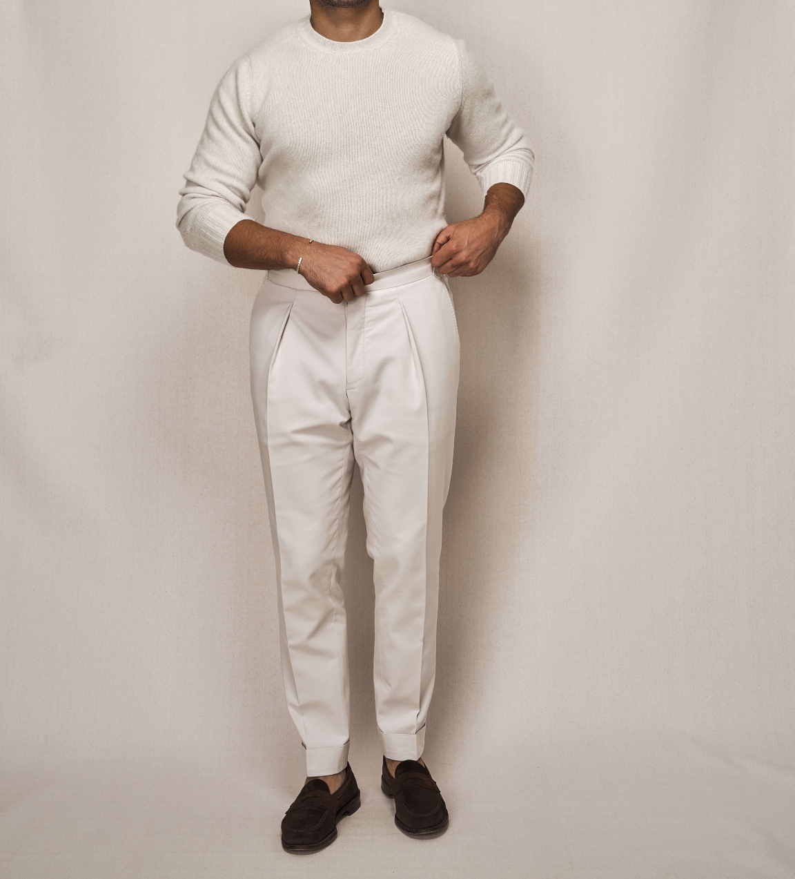 White Cashmere Knit Crew Neck | Cotton Stretch Trouser
