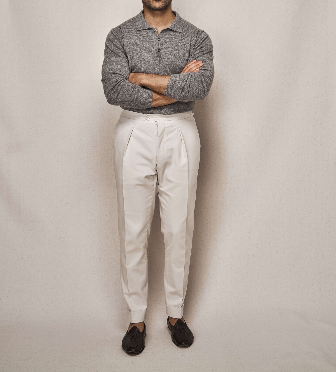 Silk Cashmere Polo LS | Cotton Stretch Trouser
