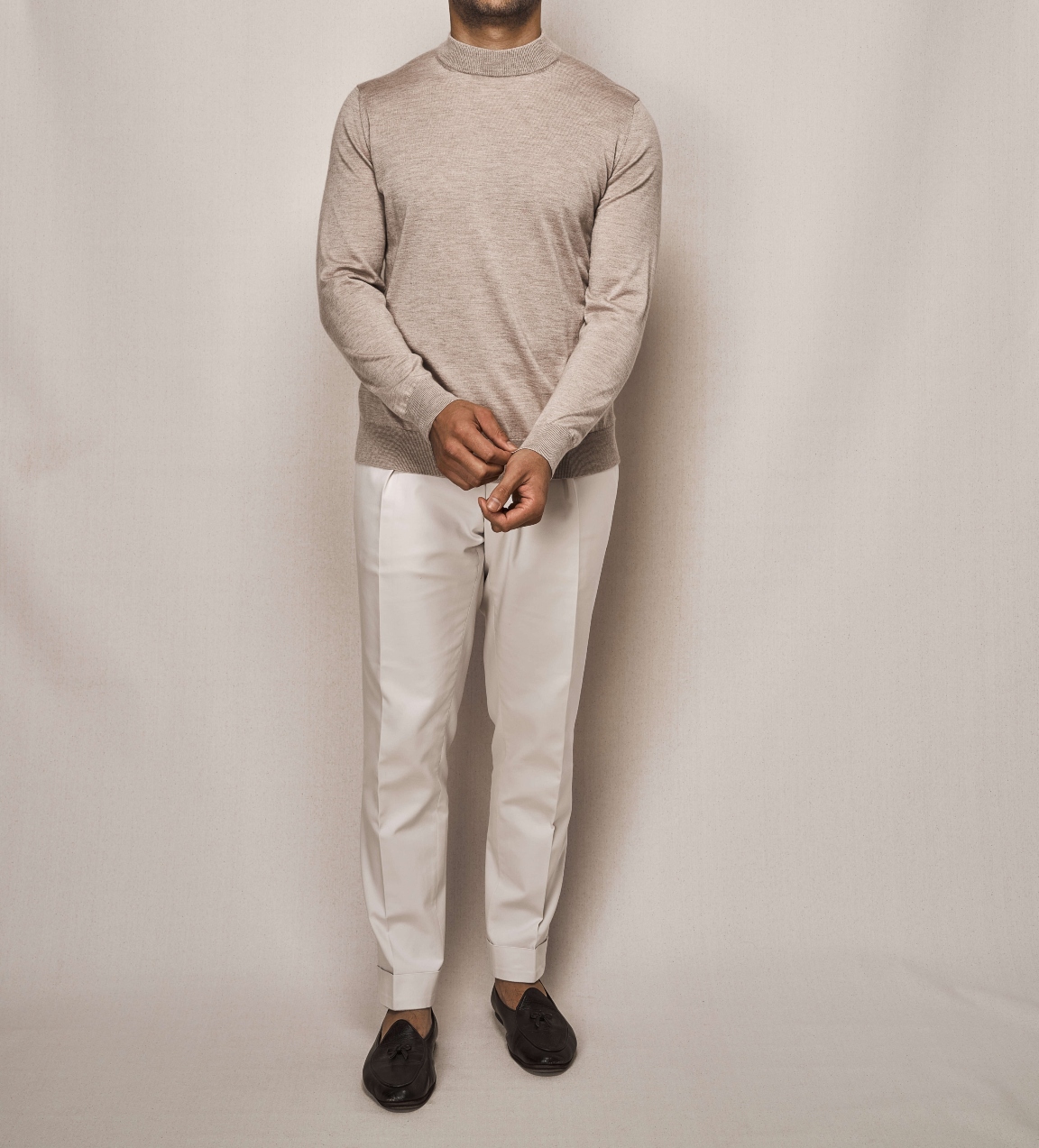 Silk Cashmere Mock Neck Knit | Cotton Stretch Trouser