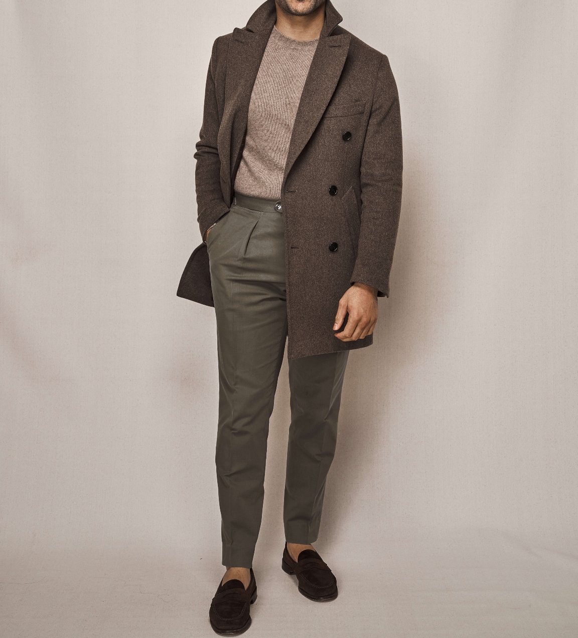 Double Breasted Overcoat | Olive Cotton Stretch Trouser