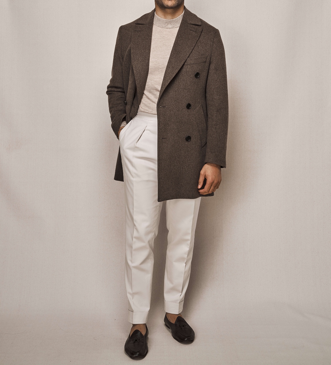 Double Breasted Overcoat | White Cotton Stretch Trouser