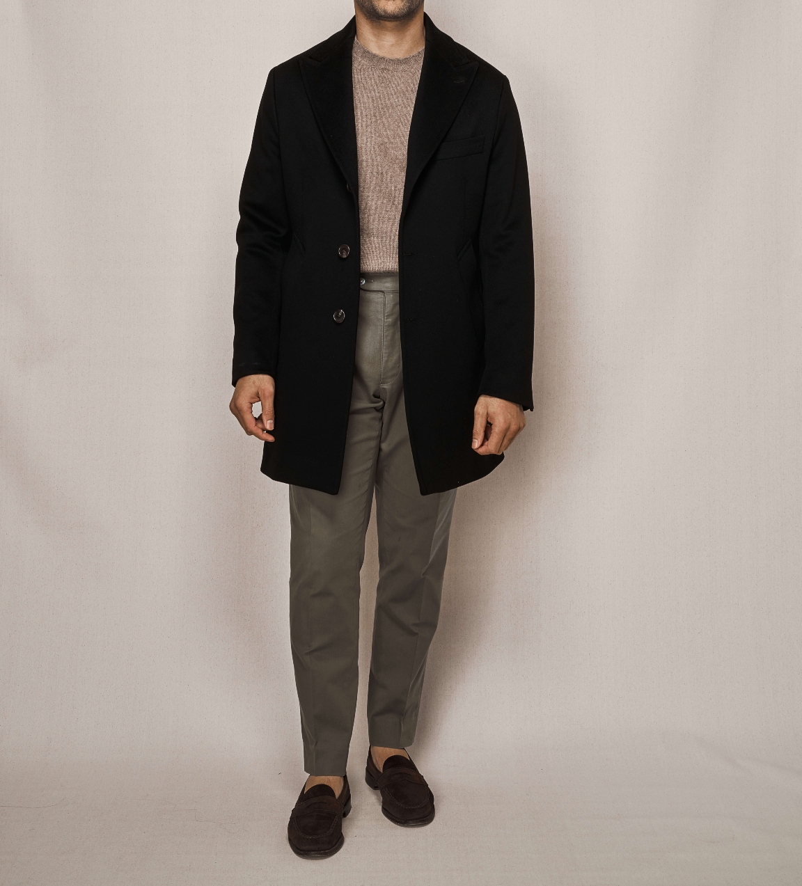 Single Breasted Overcoat | Olive Cotton Stretch Trouser