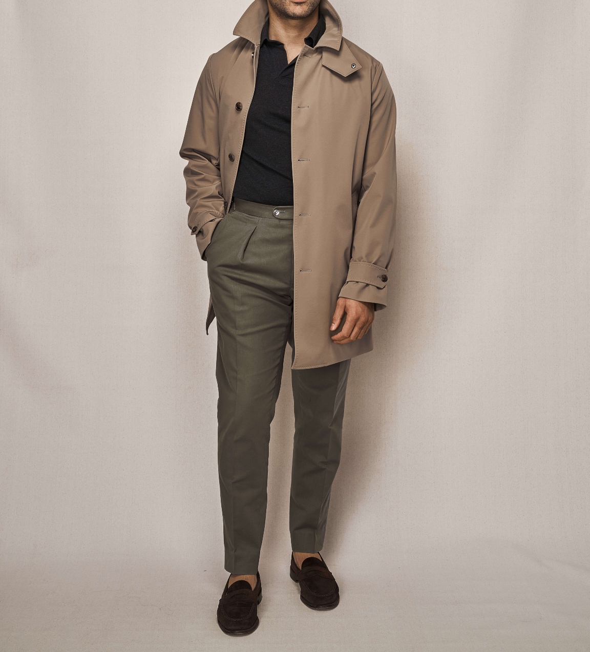Car Coat Technical Cloth | Olive Cotton Stretch Trouser