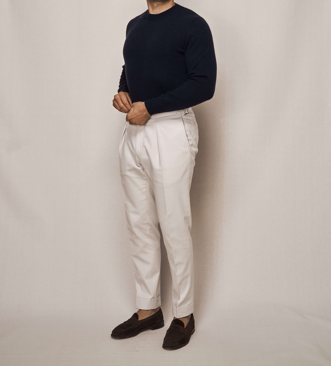 Navy Cashmere Knit Crew Neck | Cotton Stretch Trouser