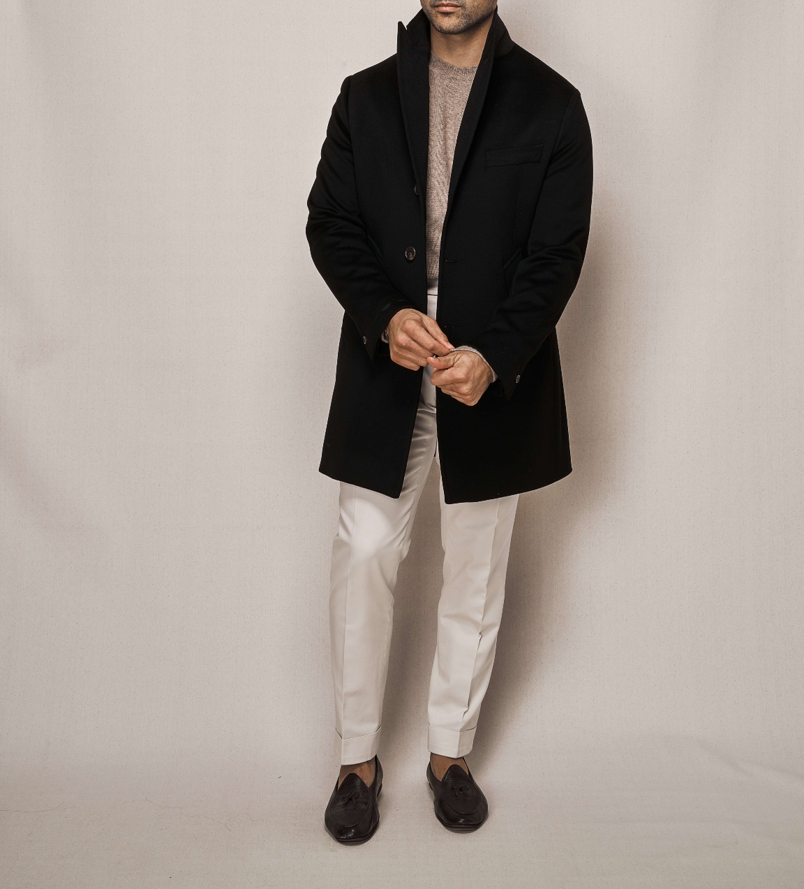 Single Breasted Overcoat | White Cotton Stretch Trouser