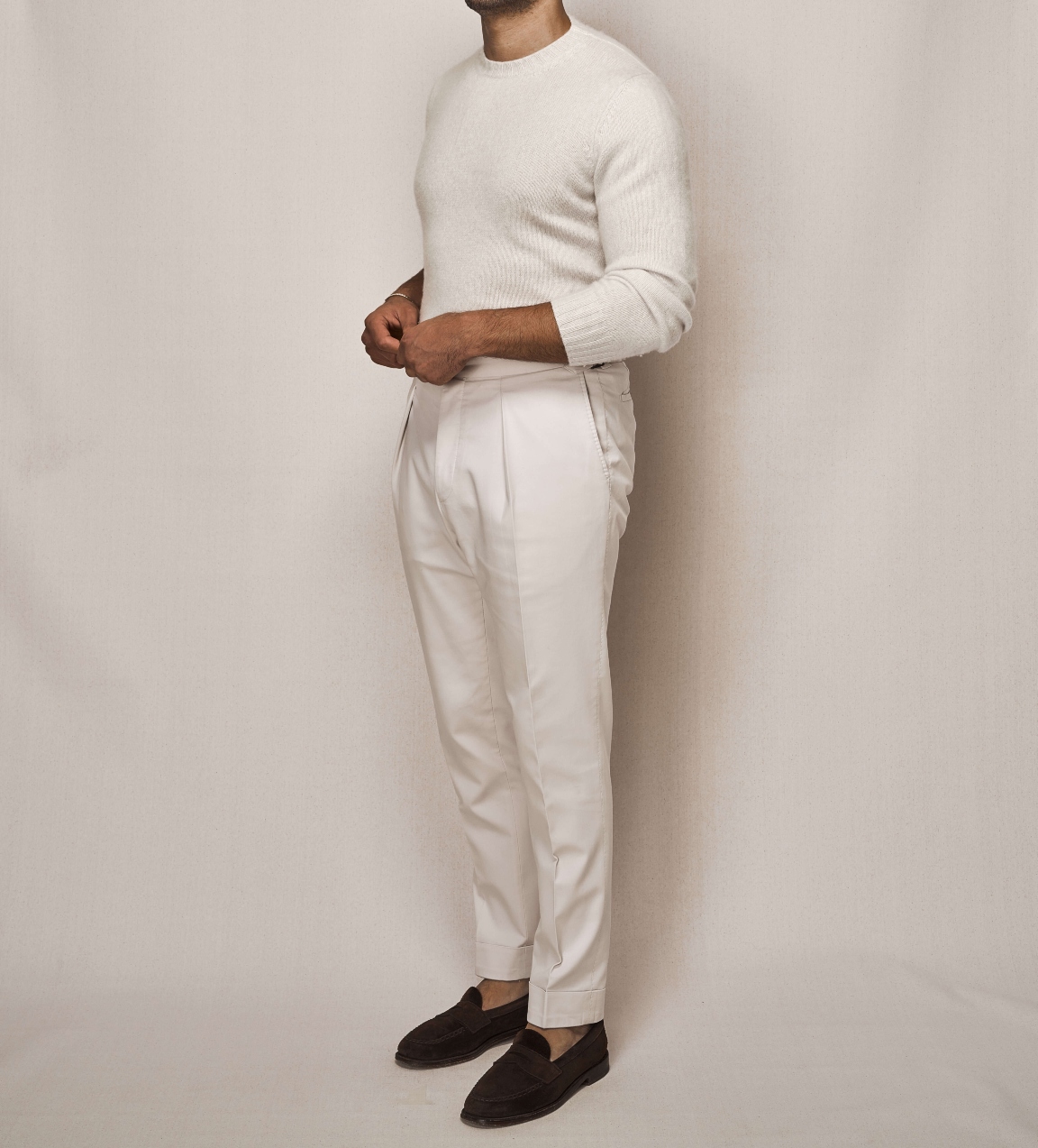 White Cashmere Knit Crew Neck | Cotton Stretch Trouser