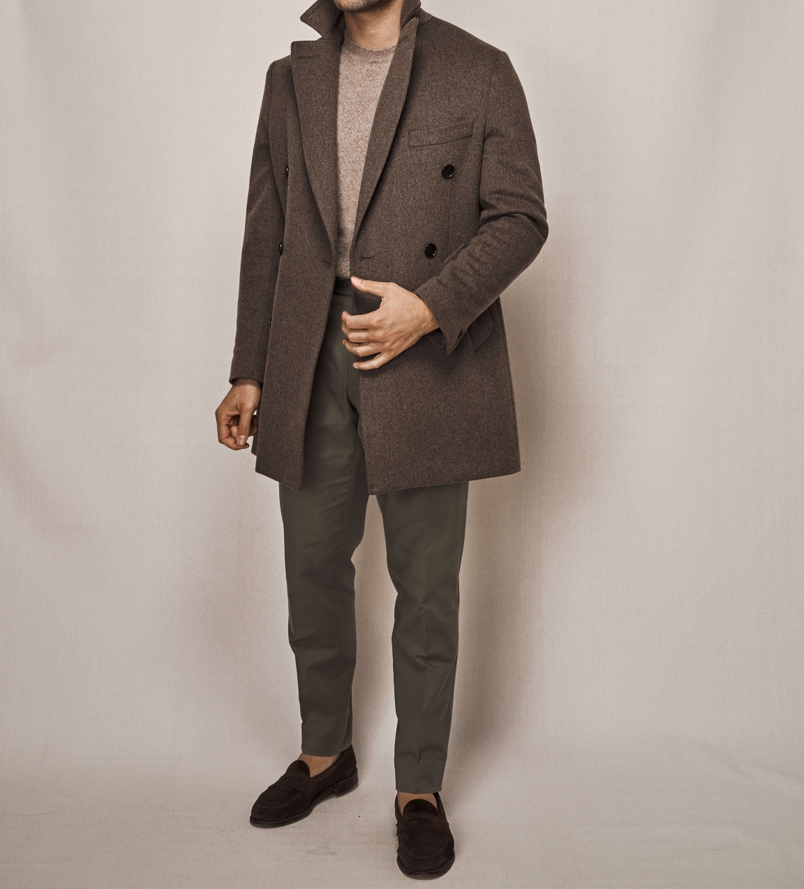 Double Breasted Overcoat | Olive Cotton Stretch Trouser