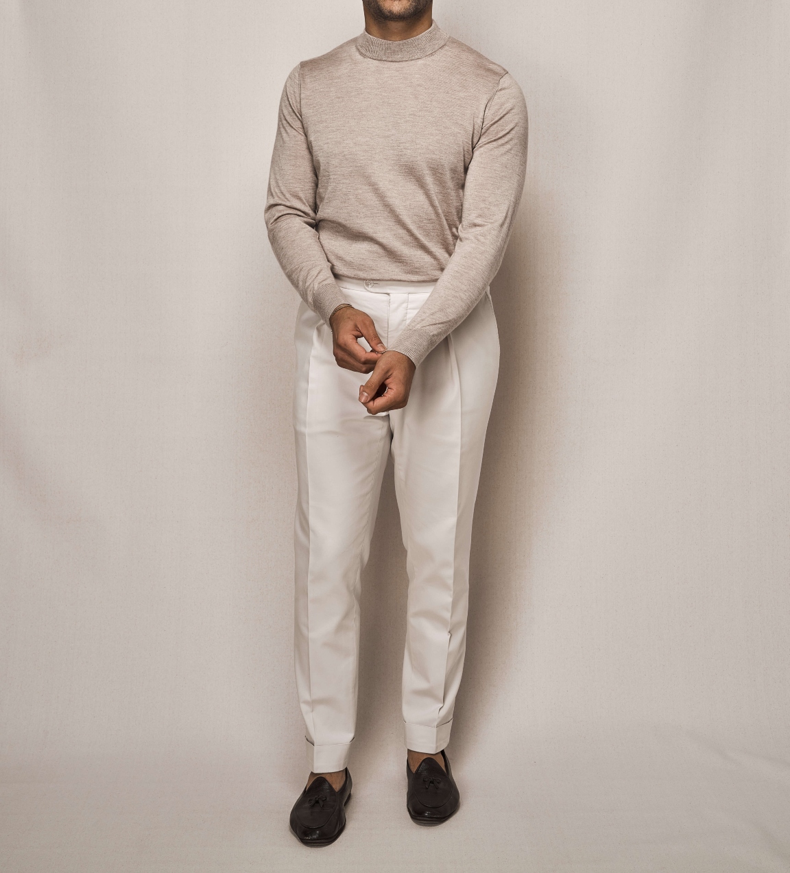 Silk Cashmere Mock Neck Knit | Cotton Stretch Trouser