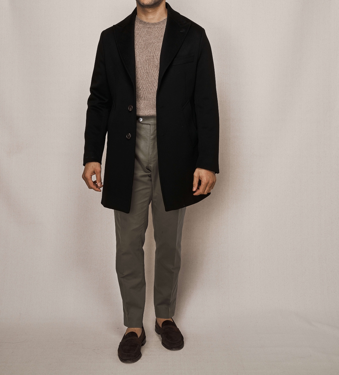 Single Breasted Overcoat | Olive Cotton Stretch Trouser