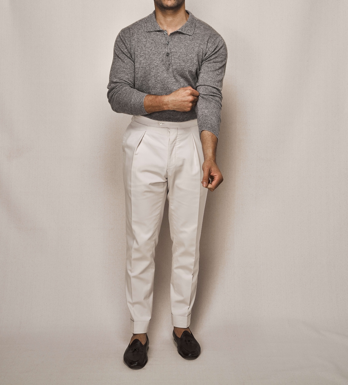 Silk Cashmere Polo LS | Cotton Stretch Trouser