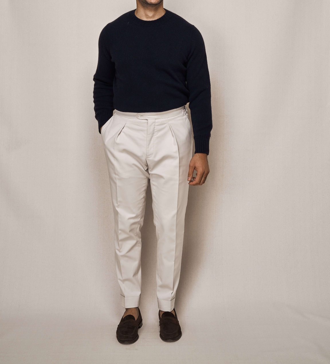 Navy Cashmere Knit Crew Neck | Cotton Stretch Trouser