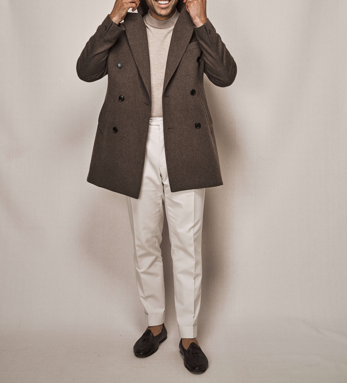 Double Breasted Overcoat | White Cotton Stretch Trouser