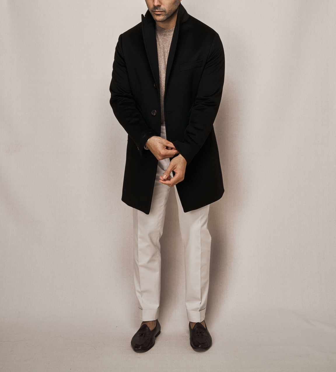 Single Breasted Overcoat | White Cotton Stretch Trouser