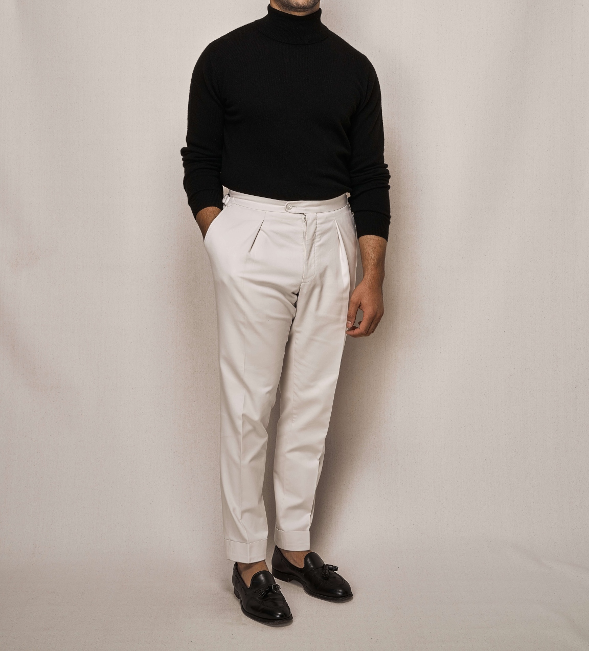 Black Cashmere Knit Turtle Neck | Cotton Stretch Trouser