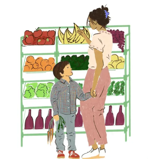 Mother and child graphic shown at a grocery store holding hands buying fruit